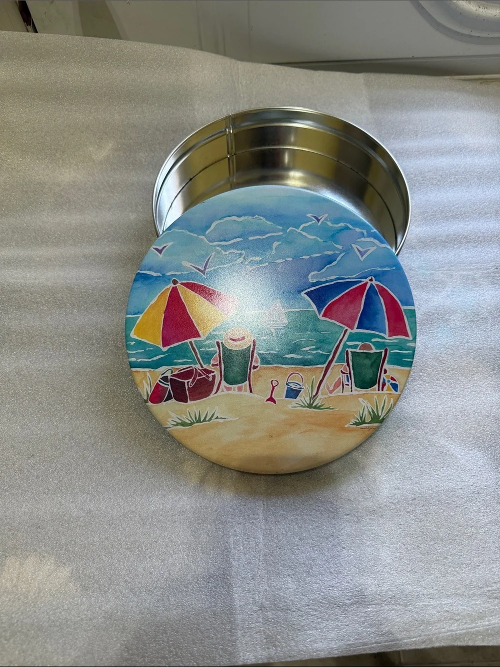 Beach Scene Round Metal Canister - Colorful Umbrellas